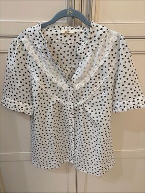 entro White Blouse with Black Polka Dots and Lace Trim